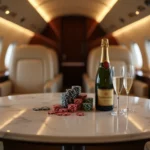 A luxurious private jet interior with a champagne service setup and casino chips artfully arranged on a marble table