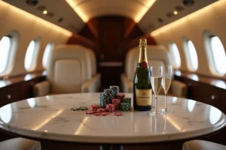 A luxurious private jet interior with a champagne service setup and casino chips artfully arranged on a marble table