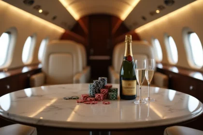 A luxurious private jet interior with a champagne service setup and casino chips artfully arranged on a marble table