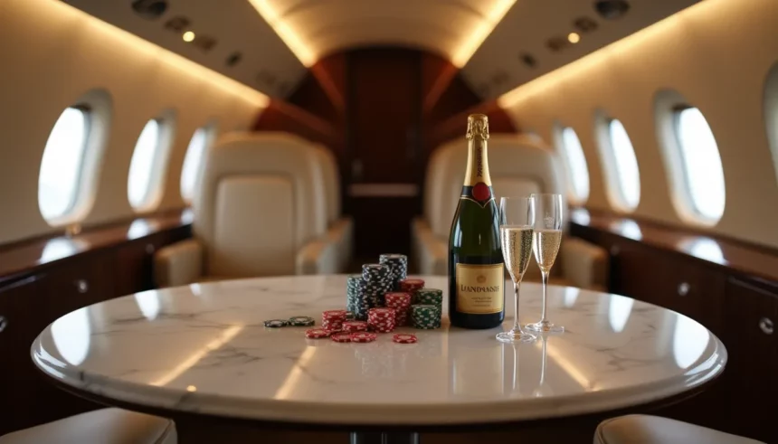 A luxurious private jet interior with a champagne service setup and casino chips artfully arranged on a marble table
