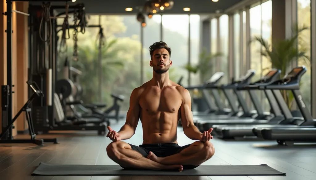 Modern luxury gym, High-end exercise equipment, yoga mat, meditation