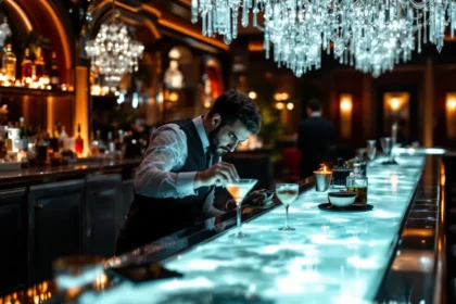 Upscale casino bar with Art Deco influences at high stakes gambling