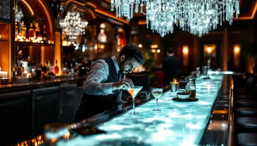 Upscale casino bar with Art Deco influences at high stakes gambling